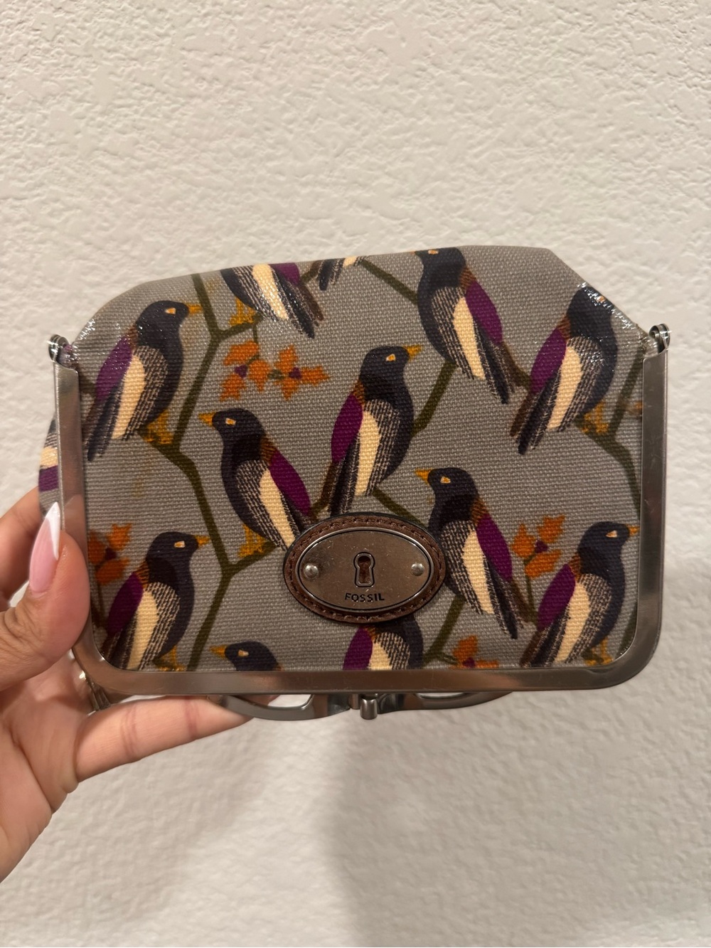 Fossil Gray Bird-Print Wristlet with Purple and Mustard Accents